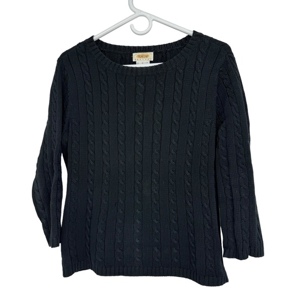 Talbots Size Small Petite Black 100% Cotton Crew Neck Cable Knit Sweater - Picture 1 of 8